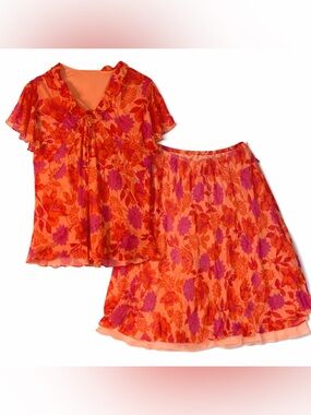 NWT Vintage Bob Mackie 100% Silk Set Coral Multi (1X Top / 2X Skirt) Plus Size